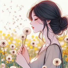 a woman is blowing dandelions in the wind with her eyes closed and she's looking down