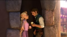 the princess and the frog are talking to each other in front of a stone wall