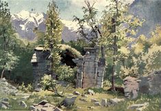 a painting of an old stone building in the woods with snow capped mountains behind it