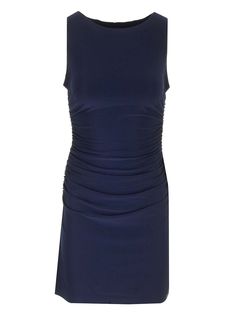 Mini dress with gathered waist in blue stretch polyester from Norma Kamali. Elegant Knee-length Dress With Gathered Waist, Cocktail Dress With Ruched Back In Elastane, Cocktail Dresses With Ruched Back, Sleeveless Ruched Elastane Dress, Ruched Sheath Midi Dress, Blue Ruched Elastane Dress, Stretch Elastane Dress With Ruched Back, Chic Dress With Ruched Sides, Chic Blue Dress With Gathered Waist