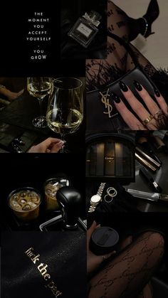 a collage of photos showing different types of jewelry and accessories, including wine glasses