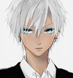 an anime character with white hair and blue eyes wearing a black jacket, shirt and tie