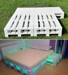 the pallet bed is made out of wood and has green lights on it's sides