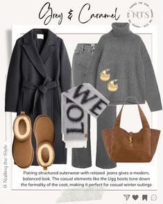 The different shades of grey form a sophisticated monochromatic base, while the brown adds warmth and contrast. This creates approachable yet chic outfits. Which one would you wear? Let me know in the comments👇💬 and share these styling tips with friends 🗣️ ✨Available items and some alternatives will be linked in December Highlight and LTK link in Bio✨ . . . . . #nailingthestyle #outfitoftheday #outfitinspiration #outfitinspo #fashionblogger #virtualstylist #outfitideas #stylingtips #wardr... Autumn Outfit Women, Cold Outfit, Uggs Outfit, Aesthetic Outfit Ideas, Leather Jacket Outfits, Casual Chic Outfit, Winter Mode, Styling Tips