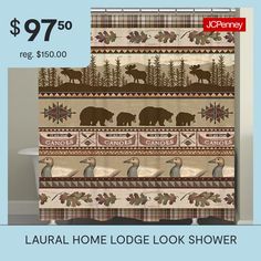 a shower curtain with an image of bears and moose in the woods on it's side