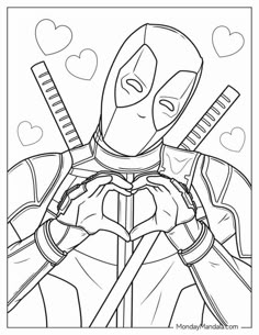 the deadpool coloring page with hearts in the background and text that reads deadpool