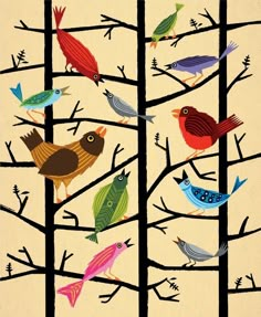 colorful birds sitting on the branches of a tree