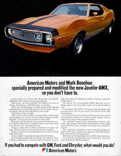 an advertisement for the 1970 chevrolet camaro from american motors and mark donohue