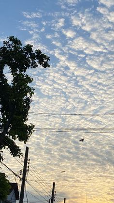 an airplane is flying high in the sky above power lines and telephone poles at sunset