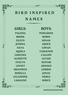 the bird inspired names for girls and boys