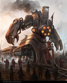 an image of a robot standing on top of a train