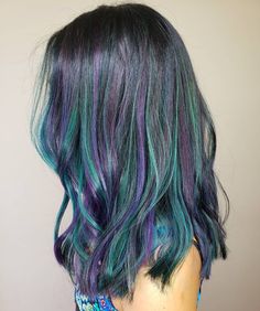 Purple And Green Hair Streaks, Purple To Green Ombre Hair, Purple And Teal Highlights, Blue And Green Highlights In Brown Hair, Geode Hair Color, Black Green Purple Hair, Blue Green Hair Color Ideas, Purple Hair With Green Highlights, Purple Green Hair Color