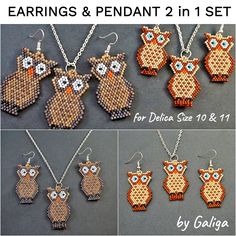 four different pictures of an owl necklace and earring set with instructions to make it