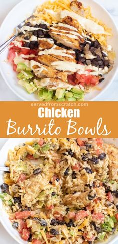 a pic of a burrito bowl with chicken and sauce over Pinterest pin text and then a pic of the bowl all mixed together. Chicken Rice Bowls Mexican Healthy, Healthy Dinner For Four, Gluten Free Chicken Burrito Bowl, Baja Bowl With Chicken, Macro Rice Bowl, Fajita Chicken Burrito Bowl, Easy Healthy Lunch Bowls, Southwest Burrito Bowl, Copycat Moes Burrito Bowl