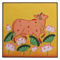 a painting of a cow on a yellow background with pink flowers in the foreground