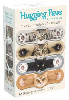 the cat bandages that hug are in a box with four different cats on them