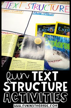 an open book with text and pictures on the front cover that reads run text structure activities