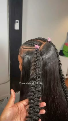 black wig butterfly braids pink butterfly hair clips buss down middle part Sleek Ponytail Hairstyles, Birthday Hairstyles, Catty Noir, Cute Braided Hairstyles, Quick Weave Hairstyles, Two Braids