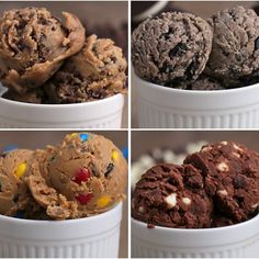 four pictures of different types of ice creams in white bowls with chocolate and marshmallows