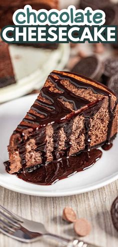 A slice of chocolate cheesecake on a white plate, drizzled with chocolate syrup. Cheesecake Recipes Chocolate, Cheesecake With Oreo Crust, The Perfect Cheesecake, Oreo Crust Cheesecake, Perfect Cheesecake, Delicious Cheesecake Recipes, Yummy Cheesecake