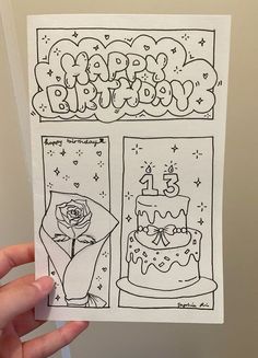 a hand holding up a piece of paper with an image of a birthday cake on it