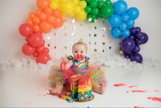 Rainbow Cake Smash Rainbow 1st Birthday Photoshoot, Rainbow Photoshoot, Rainbow Smash Cake, Rainbow Smash Cake Photoshoot, Rainbow Baby Photoshoot, Rainbow Theme Baby Photoshoot, Smash Cake Colorful, Rainbow Baby Photoshoot Maternity