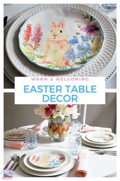 an easter table decorated with flowers and bunny plates