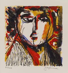 an abstract painting of a woman's face with red, yellow and black colors