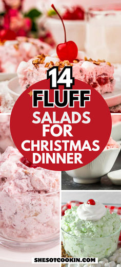 Photo collage of fluff salad recipes. Holiday Fluff Recipes, Marshmallow Fluff Salad Recipes, Whip Cream Fruit Salad Marshmallows, Pina Colada Fluff Salad Cool Whip, Perfection Salad Jello, Potluck Fruit Salad Recipes, Fruit And Marshmallow Salad, Cranberry Cool Whip Salad, Grinch Fluff Salad