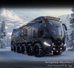 a black semi truck driving down a snow covered mountain side road next to evergreen trees