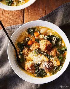 two bowls of soup with meatballs and vegetables