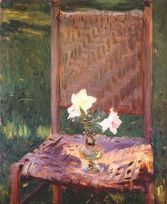 a painting of a chair with flowers on it