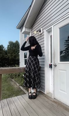 #plaidskirtoutfits #outfitoftheday #alternativefashion #maryjane #preppy #whimsigoth #falloutfitideas Aesthetic Winter Outfits Skirt, Whimsigoth Black Skirt Outfit, Goth Midi Skirt Outfit, Preppy Goth Aesthetic, Alt Church Outfits, Whimsical Work Outfit, Goth Preppy Outfit, Plaid Maxi Skirt Outfit, Plaid Midi Skirt Outfit