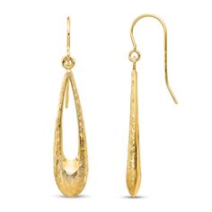 These teardrop dangle earrings are made from 14k yellow gold. These semi-solid earrings have a polished and textured finish for a lasting shine and are secured comfortably with Euro Wire backs. Galentines Gifts, Jared The Galleria Of Jewelry, Teardrop Dangle Earrings, Precious Jewelry, Gold Texture, Earring Backs, Designer Earrings, Jewelry Care, Fashion Earrings