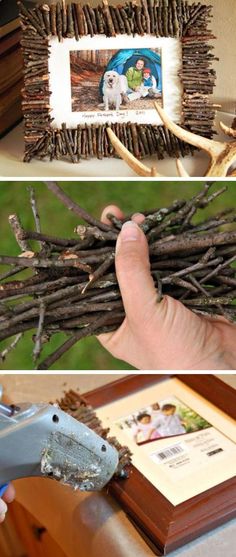 some branches are being used to make a frame for a picture on the table and then put together