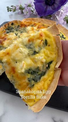 a hand holding a piece of pizza with cheese and spinach on it next to purple flowers