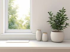 two white vases sitting on top of a table next to a potted plant