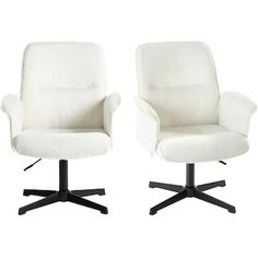 two white office chairs with black legs and casteors, one is upholstered