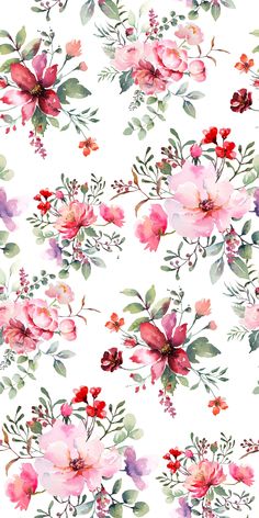 a watercolor painting of pink flowers and green leaves