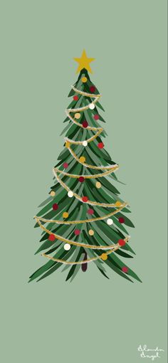 a green christmas tree with gold stars and ornaments on it's top, against a light green background