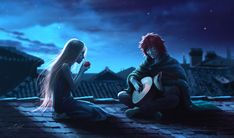 two people sitting on top of a roof next to each other holding guitars and looking at the sky