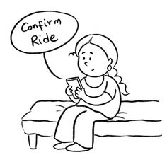 a woman sitting on a bed with a thought bubble above her head that says, comfirm ride