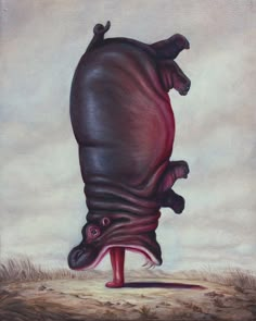 a painting of a hippopotamus standing on its hind legs in the air