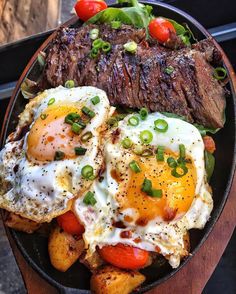 steak, eggs and tomatoes are on a plate