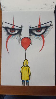 a drawing of a person standing in front of a clown's eye with a red balloon attached to it