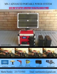 an advertisement for a solar powered power system with pictures of different types of equipment in front of it