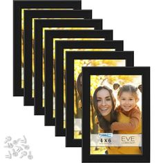 five black frames with an image of a woman and child in the middle, each holding a