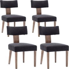 four chairs with wooden legs and dark grey fabric upholstered backrests, set of 4