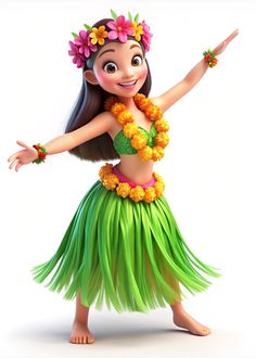 a cartoon girl in a hula skirt