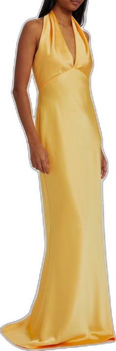 Elegant V-neck Halter Dress, Gold A-line Silk Dress, Satin Halter Midi Evening Dress, Satin Halter Midi Dress For Evening, Chic Silk Midi-length Halter Dress, Chic Silk Halter Midi Dress, Satin Halter Dress With Fitted Bodice, Gold Silk Midi Dress For Formal Occasions, Elegant Satin Halter Dress For Dinner